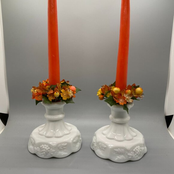 Westmoreland Milk Glass Panel Grape Pattern Taper Candle Holders 4" - Picture 5 of 5